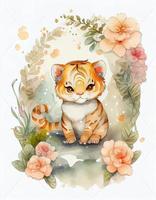 sonhadores aguarela fofa feliz chibi tigre com florido conto de fadas fundo, branco fundo, gerar ai foto