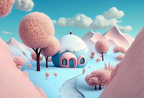 uma surrealista conto de fadas vale inverno panorama com a iglu, cor de pêssego árvores com azul flores em isto, Rosa e pêssego bolas de algodão-doce em Gravetos, gerar ai foto