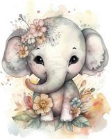 sonhadores aguarela fofa feliz chibi elefante com florido conto de fadas fundo neutro cores, gerar ai foto
