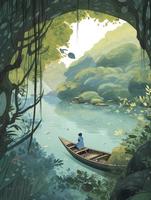 Largo visualizar, crianças livro ilustração, panorama dentro Guilin, China, salgueiro árvores, profusão do flores, pequeno pescaria barco, pescador dentro uma balde chapéu, colorida, gerar ai foto