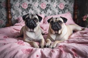 dois adorável pugs estão aconchego em uma Rosa cama fotorrealista, gerar ai foto