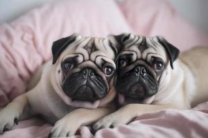 dois adorável pugs estão aconchego em uma Rosa cama fotorrealista, gerar ai foto