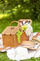 piquenique dentro a jardim, vime piquenique cesta, ramalhete do flores e acessórios em uma piquenique cobertor. foto