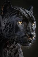 fechar acima do uma Preto leopardos face. generativo ai. foto