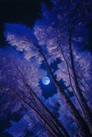 cheio lua é visto através a árvores generativo ai. foto