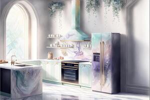 pintura do uma cozinha com mármore contador topos. generativo ai. foto
