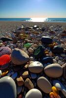 grupo do pedras sentado em topo do uma de praia. generativo ai. foto