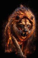 fechar acima do uma fogo leão em uma Preto fundo. generativo ai. foto