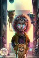 pequeno menina em pé dentro a meio do uma rua com uma gato. generativo ai. foto