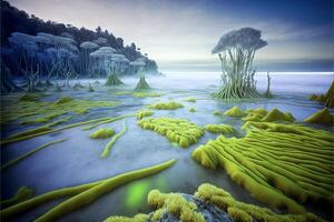 grupo do verde plantas sentado em topo do uma arenoso de praia. generativo ai. foto