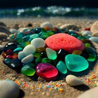 pilha do mar vidro sentado em topo do uma arenoso de praia. generativo ai. foto