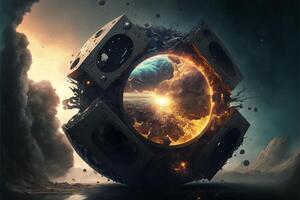 cenário do a explodindo cubo com uma planeta dentro a fundo. generativo ai. foto