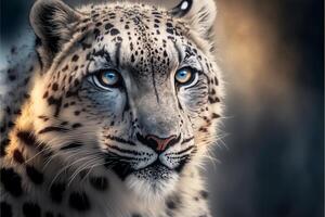 fechar acima do uma neve leopardo com azul olhos. generativo ai. foto