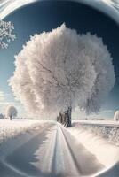 ampla branco árvore sentado dentro a meio do uma neve coberto campo. generativo ai. foto