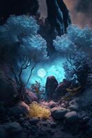 pintura do uma floresta às noite com uma cheio lua dentro a céu. generativo ai. foto