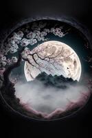 pintura do uma cheio lua com uma árvore dentro a primeiro plano. generativo ai. foto