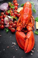 lagosta frutos do mar refeição Comida lanche em a mesa cópia de espaço Comida fundo rústico topo Visão foto
