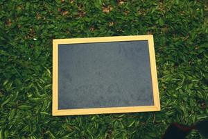 uma pequeno Preto quadro-negro com uma de madeira quadro, Armação senta em a verde grama. foto