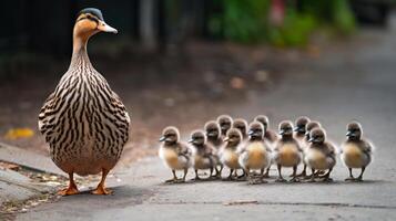 engraçado Pato pássaro família caminhando rua generativo ai foto