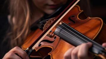 menina mãos jogando a violino, viver clássico música generativo ai foto