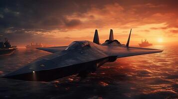 avião de guerra pôr do sol , gerado ai imagem foto