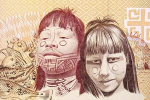 dois indiano crianças - uma retrato a partir de velho brasileiro dinheiro foto
