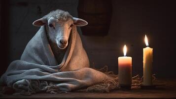 bebê bode coberto com toalha dentro uma vela aceso quarto ai gerado foto