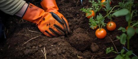 fechar-se imagem do mulher s mãos dentro jardinagem luvas plantio tomate. foto