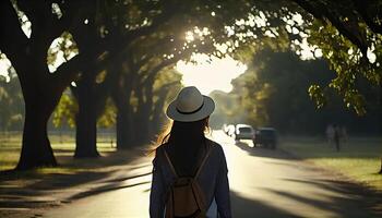 ásia turista menina com uma mochila carrinhos sozinho em a estrada. viagem, viagem aventura, turismo, liberdade conceito.. generativo ai foto