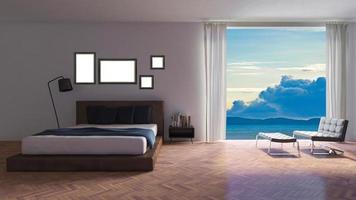 Imagem renderizada em 3D do quarto à beira-mar