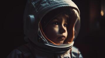 pequeno criança vestindo traje espacial. cosmonauta conceito. ai gerado. foto