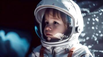 pequeno criança vestindo traje espacial. cosmonauta conceito. ai gerado. foto