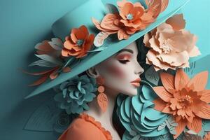 mulher com uma chapéu e papel flores, criada com generativo ai foto