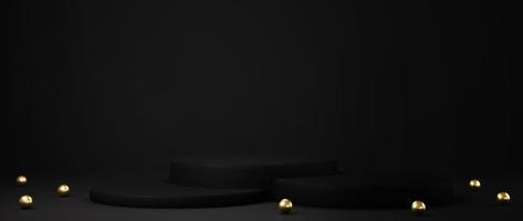 Renderização 3D do pedestal isolado em um fundo preto com elementos de ouro foto