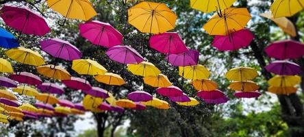rua decorada com guarda-chuva colorido no céu holambra foto