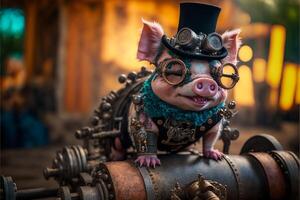 estatueta do uma porco vestindo uma topo chapéu e óculos. generativo ai. foto