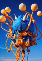 azul e laranja peixe em forma balão vôo dentro a céu. generativo ai. foto