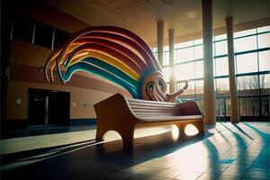 colorida escultura sentado em topo do uma de madeira banco. generativo ai. foto
