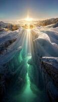 a Sol brilha através uma profundo orifício dentro a neve. generativo ai. foto