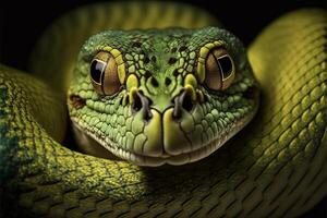 fechar acima do uma verde cobras face. generativo ai. foto