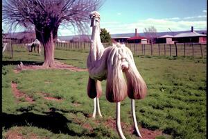 ampla avestruz em pé em topo do uma exuberante verde campo. generativo ai. foto