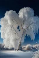 ampla branco árvore sentado em topo do uma neve coberto campo. generativo ai. foto