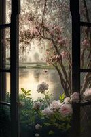 janela com uma Visão do uma lago e flores generativo ai. foto