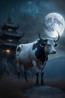 Preto e branco vaca em pé dentro frente do uma cheio lua. generativo ai. foto