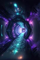 Sombrio túnel com roxa e azul luzes. generativo ai. foto