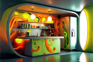 brilhantemente colori cozinha com grande quantidade do contador espaço. generativo ai. foto