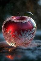 vermelho maçã sentado em topo do uma neve coberto chão. generativo ai. foto