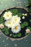 lagoa preenchidas com água lírios e branco flores generativo ai. foto