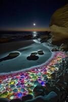 de praia às noite com uma cheio lua dentro a céu. generativo ai. foto