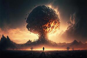 homem em pé dentro frente do uma enorme cogumelo nuvem. generativo ai. foto